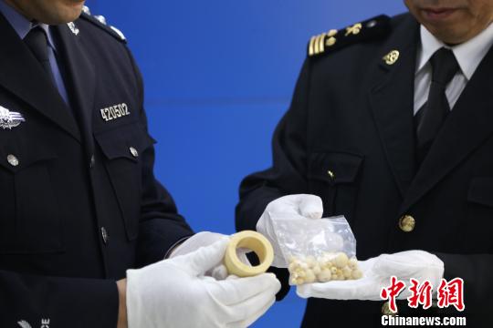 海關(guān)工作人員查獲象牙制品?！□U曉康 攝
